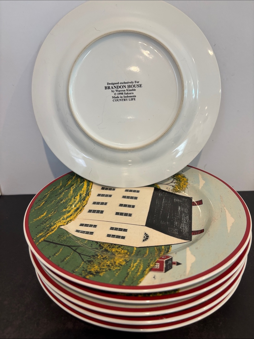 Brandon House Country Life Red Rim Decorative Dinner Plates - Set of 6